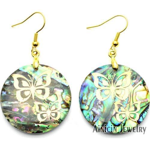 1pair 30mm Diameter Natural Abalone Shell With Gold Butterfly Filled Dangle Earrings For Women Party Jewelry Gift