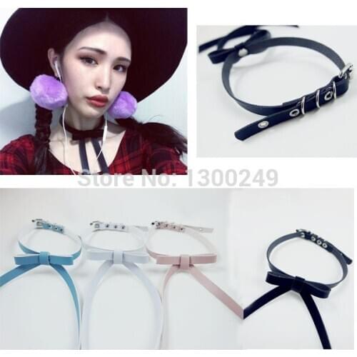 2015 Sexy Fashion Harajuku 100%Handmade Faux Leather Bow Collar Stud Punk Rock Goth Choker Necklace free shipping