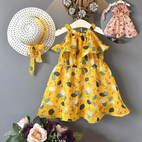 2021 girls dress summer new fashion cute Korean style dresses chiffon vacation bohemian clothing purchase free hat girl clothes