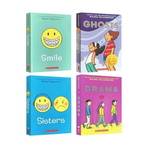 4 Books Set Smile / Drama / Sisters / Ghosts Raina Telgemeier Collection English Kids Child Color picture Manga Comic Book New