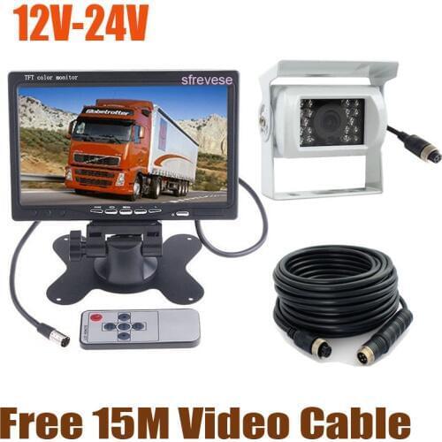White 12V-24V 4Pin CCD Reversing Parking Backup Camera + 7" LCD Monitor Car Rear View Kit with 15M Cable for Bus Truck Motorhome
