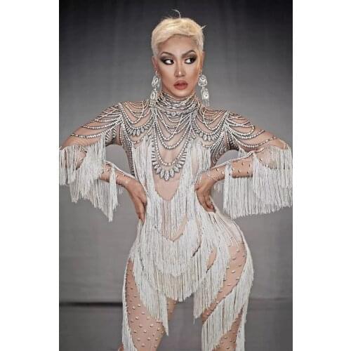 White Tassel Jumpsuit for Women Nightclub Stage Wear Playsuit Dancer Clothes Female Singer Prom Show Leggings Showgirl Outfits