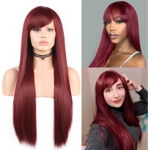 Glueless Silky Straight Wigs with Full Bangs Synthetic Heat Resistant Fiber Hair Machine Made Wig 99J Hair Color