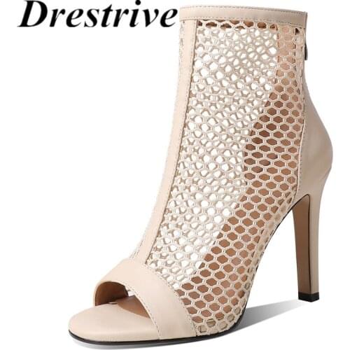 Drestrive 2021 Summer Fashion Ankle Boots Peep Toe Mesh Zipper Thin High Heel Khaki Big Size 43 Patchwork Pu Leather