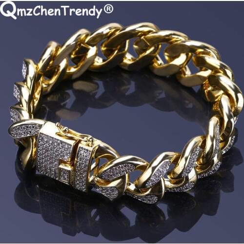 Hip Hop MIAMI CUBAN Chain Bracelets Micro Cubic Zirconia HipHop Bling Bangle Hipster Men Women Curb Butterfly Clasp Bangle 18mm