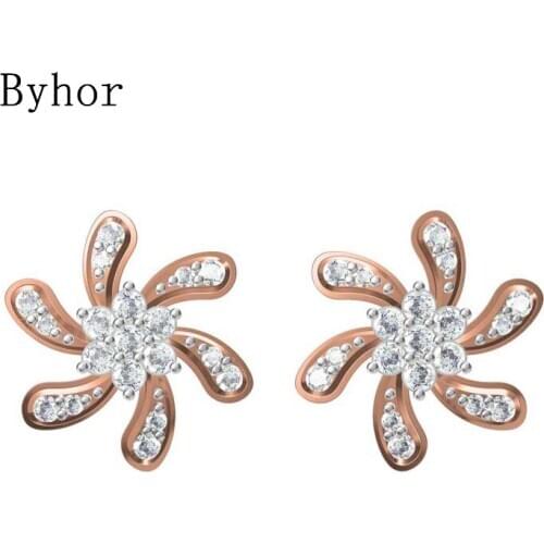 Byhor Solid 14K White/Yellow+White/Rose+White Gold 0.39ct H/SI Natural Diamonds Flower Stud Earrings Women Cерьги Fine Jewelry