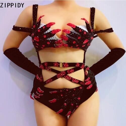 Black Red Rhinestones Hand Pattern Bodysuit Gloves Bar Women Dance Show Outfit Bandage Velvet Bikini Outfit Set