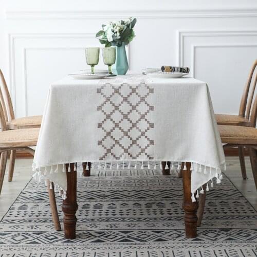 EU Pastoral Plaid Decorative Linen Tablecloth with Tassel Waterproof Oilproof Rectangular Wedding Dining Table Cover Tea Cloth