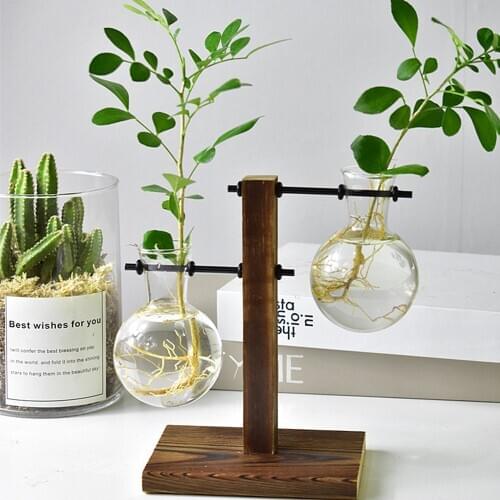 Terrarium Hydroponic Plant Vases Vintage Flower Pot Transparent Vase Wooden Frame Glass Tabletop Plants Home Bonsai Decor