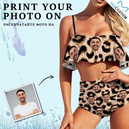 YesCustom Custom Face Leopard Sexy Ruffle Top Bathing Suit Swimsuit Personalized Bikini Set Backless Party Pool Swimwear Beach