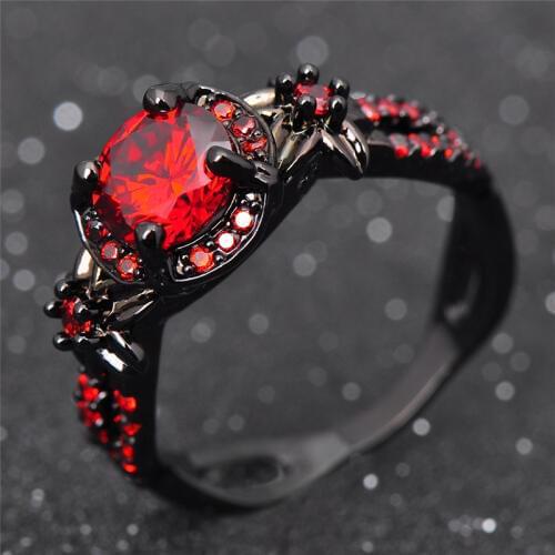 Fashion Flower Shiny Red Ring Red Garnet Women Charming Engagement Jewelry Black Gold Filled Promise Rings Bijoux Femme RB0435