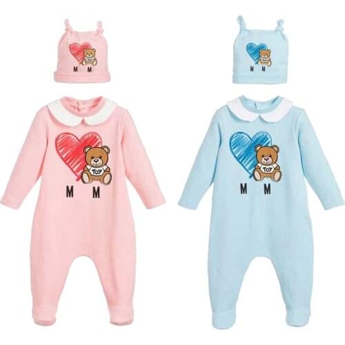 New arrival fashion newborn baby girl clothes Long sleeve Cotton cute cartoon bear new born baby boy romper and hat Bibs Sets