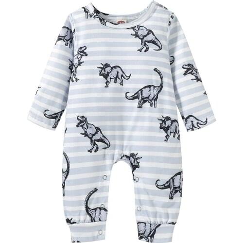2021 Casual Newborn Baby Boy Girl Long Sleeve Dinosaur Print Striped Romper Jumpsuit Outfits Spring Autumn Clothes 0-18M