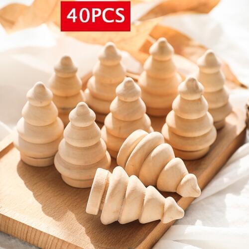 40PCS/Lot 61mm DIY Mini Wooden Christmas Tree Xmas Home Decoration Room Decor Unfinished Wooden Blank Kids Handmade Wood Crafts