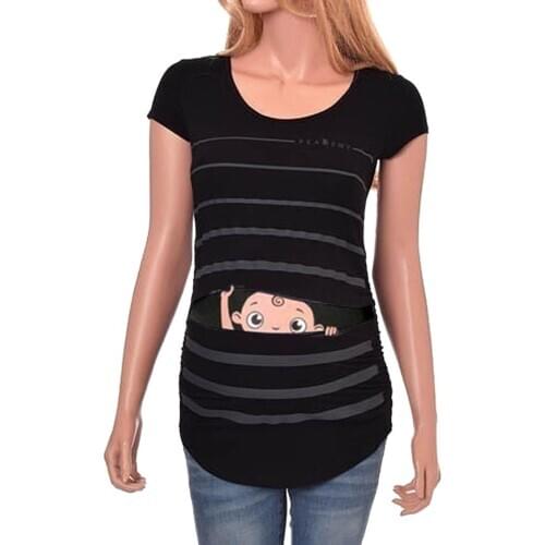 Maternity Fashion Womens Clothings Top And Blouse Cute Funny Baby Print Striped Short Sleeve shirt Pregnant Tops Plus Size@35