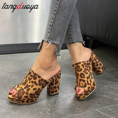 Summer Leopard women slippers Square High Heels Black Pink Concise Top Quality casual women mules shoes women Party Slides