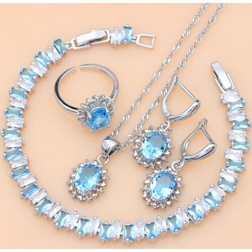 Silver 925 Earrings Jewelry Sets for Women Sky Blue Crystal Birthstone Fashion Jewelry Gift for Her Party Necklace Sets 7 Colors