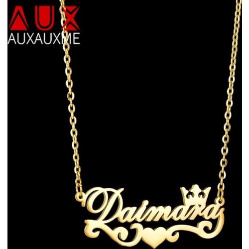 Auxauxme Custom Heart Crown Name Necklace Stainless Steel Women Personalized Nameplate Pendant Choker for Wedding Party Jewelry