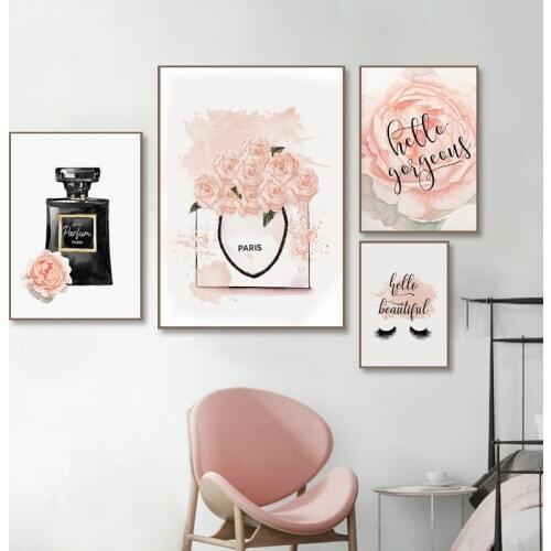 Lashes Print Hello Beautiful Girls Bedroom Art Perfume Bottle Canvas Painting Fashion Modern Pink Wall Art Peony Pictures