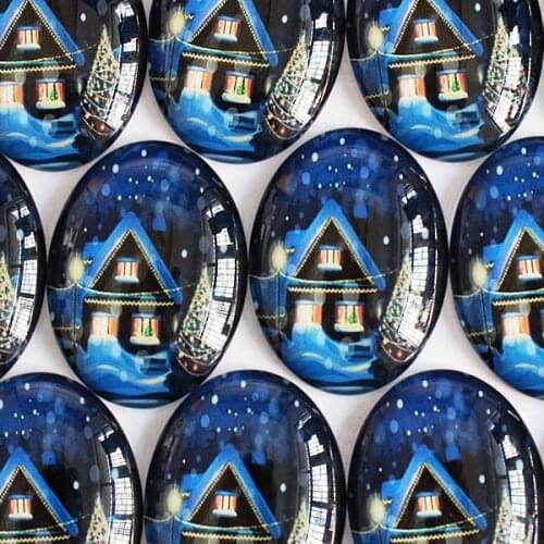 30x40mm Christmas Snow House Oval Glass Cabochons Flatback Photo Base Tray Blank Cameos DIY Making Accessories 5pcs K04145