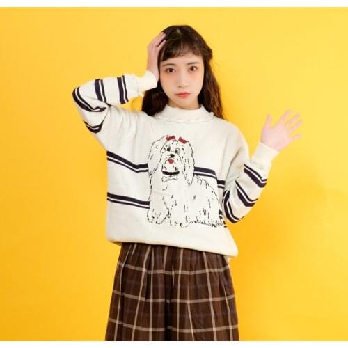 Cute Dog Womens Knitted Sweater Turtleneck Pullovers Long Sleeve Fall Loose Sweaters Cute Girls Student Striped