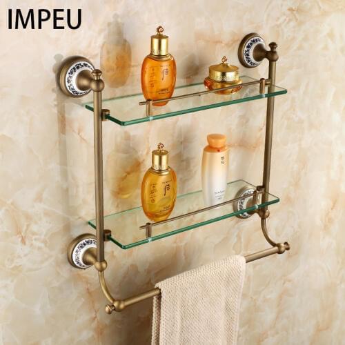 Bathroom Glass Shelf 2 Tier, Coming with Towel Bar, Shower Caddy Bath Basket, Wall Mount, Antique Brass, Bronze finish