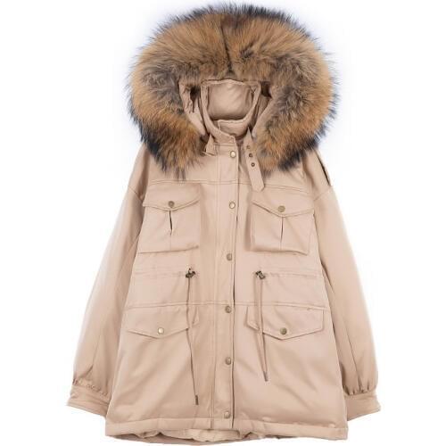 TopFurMall) Winter Women Parkas Down Coats Jackets Raccoon Fur Hoody Slim Waist Lady Outwear Overcoat LF9177