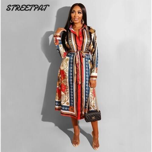 Vintage Belt African Dresses Blouse Women Long Sleeve Plus Size Shirt Sexy Night Party Midi Dress Vestidos Ladies Clothes