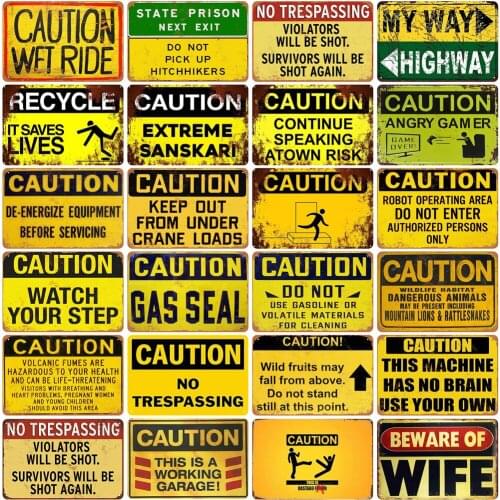 Vintage Metal Plaques of Caution Wet Ride Caution Angry Gamer No Trespassing Watch Your Step for Bar Decoration Gamer Room Decor