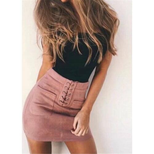 Women High Waist Skirts Summer Pencil Mini Bodycon Skirt Sexy Suede Lace Up Party Skirt Clubwear Vintage Slim Ladies Skirts