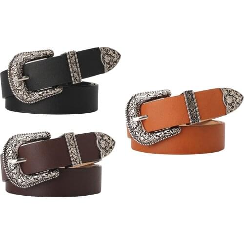 Womens Fashion PU Leather Retro Carved Buckle Decorative Belt for Jeans Pants Dresses