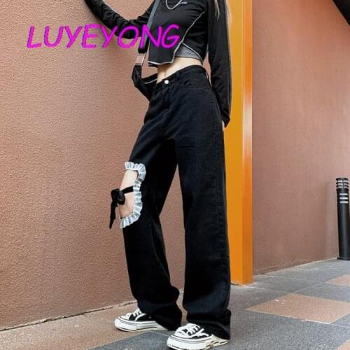 Autumn Korean Fashion Button Fly Trousers Women Hollow Out White Lace Spliced Lace-up Pants Black Gothic Lady Street Long Jeans