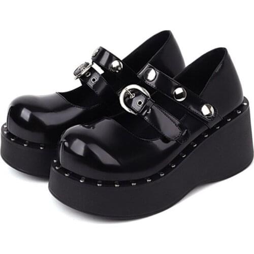 PXELENA Punk Dark Girls Women Wedge High Heels Platform Creepers Rivet Buckle Gothic Street Cosplay Shoes Japanese Harajuku 43