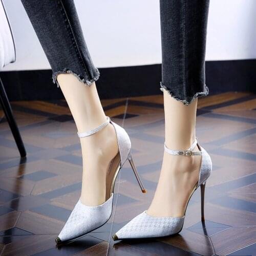 2021 spring and summer new metal pointed toe buckle female elegant and fashionable stiletto dress high heels