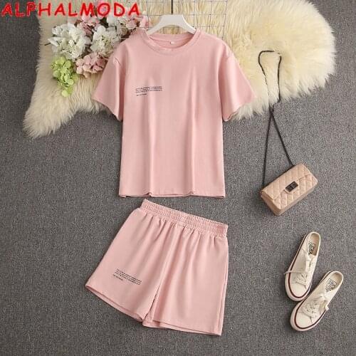 ALPHALMODA 2021 Summer Short-sleeved Letter Tshirt + Shorts Women 2pcs Casual Suit Candy Color Bright Trendy Clothes Set