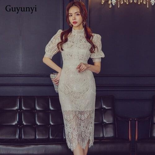Elegant Office Lady Dress 2021 Summer Plain Floral Sexy Lace Dress Puff Sleeve Stand Neck High Waist Tight Dress Woman Party