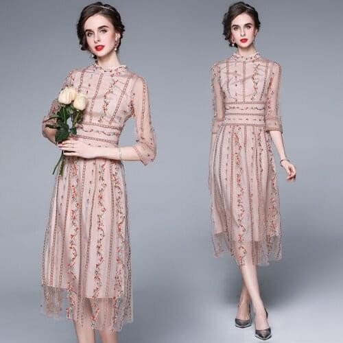 Runway Luxury Mesh Embroidered Dress 2021 Early Autumn Women Elegant Flower Embroidery Office Party Midi Dress