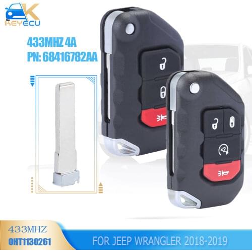KEYECU 4 Button Flip Remote Key ASK 433MHZ PCF7939M 4A Chip for Jeep Wrangler 2018-2019 FCCID: OHT1130261 PN: 68416782AA