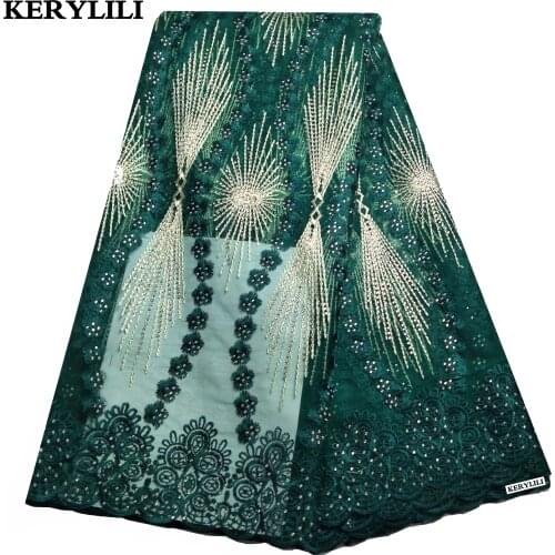 5 Yards Green African Guipure Water Soluble Lace Swiss Voile Net Fabric Nigerian Rhinestone Wedding Evening Dress KRL-28331