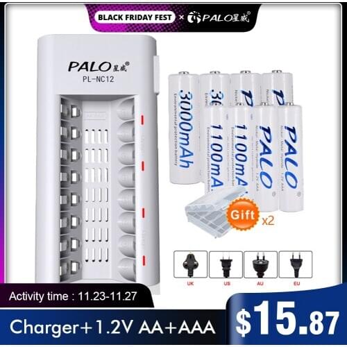 PALO AA AAA Rechargeable battery ni-mh 1.2v with led battery charger for aa aaa ni-mh ni-cd 1.2v rechargeable battery