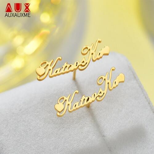 Auxauxme 1 Pair Stainless Steel Custom Name Stud Earrings For Women Personalized Letter heart Handmade Earrings Mother Birthday