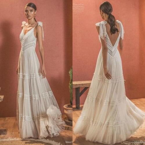 Bohemian Wedding Dresses 2020 Straps Lace Appliqued Floor Length Boho Bridal Gowns Tiers A Line Beach Wedding Dress