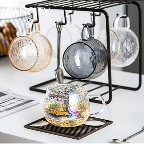 FANCITY Hammered glass color high-value water cup with handle household suit creative net red breakfast milk coffee cup transpar