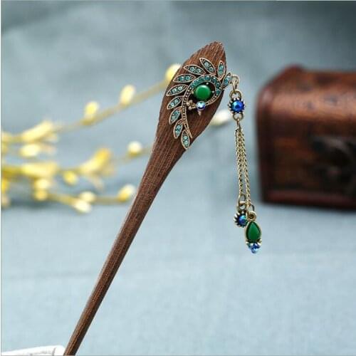Retro Crystal Rhinestone Peacock Wooden Hair Sticks Women Hair Clip Chinese Bridal Wedding Hair Accessories