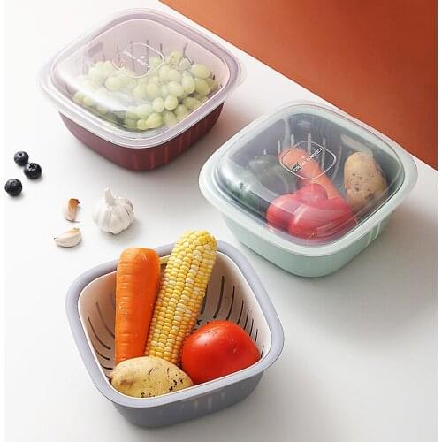 Double-Layer Drain Basket Lid Refrigerator Crisper Functional Square Large Size Washing Vegetable Tray Kitchen Organizer