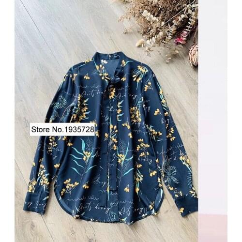 ElfStyle Top Quality Women Silk Long Sleeve Lapel Printing Blouse Shirt - Ladies Newest White/Blue Shirt Top