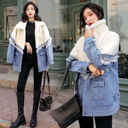 FNOCE 2020 winter new womens down jackets youth fashion trends denim patchwork long sleeve slim plus velvet warm coats