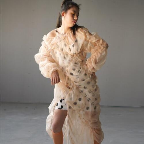 Originally designed irregular rubber folding, hole digging and forking jelly semi-permeable two-piece dress J201903000274