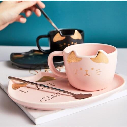 Ceramic Coffee Cup With Saucer Spoon Set Creative Cute Cartoon Cat Tea Cup Breakfast Milk Coffee Mug Bread Dessert Dish Gift