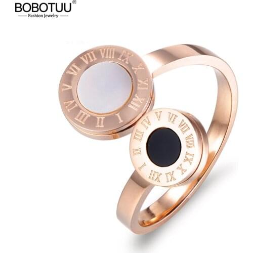BOBOTUU Classic Vintage Rose Gold Color Rings Roman Alphabet 316L Stainless Steel Wedding Rings Jewelry For Women Anillo BR17040